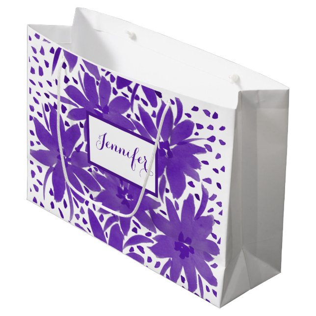 Purple Large Personalized Floral Design  Gift Bag (Front Angled)
