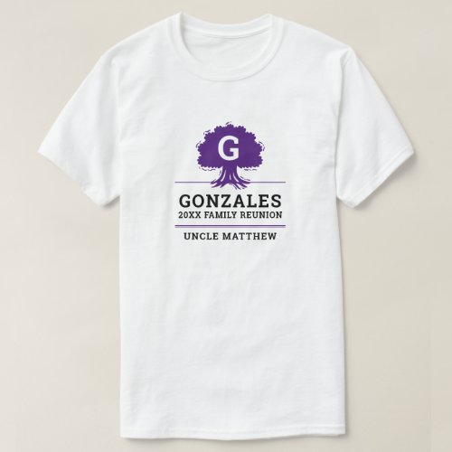 Purple Large Tree with Initial - Family Reunion T-Shirt
