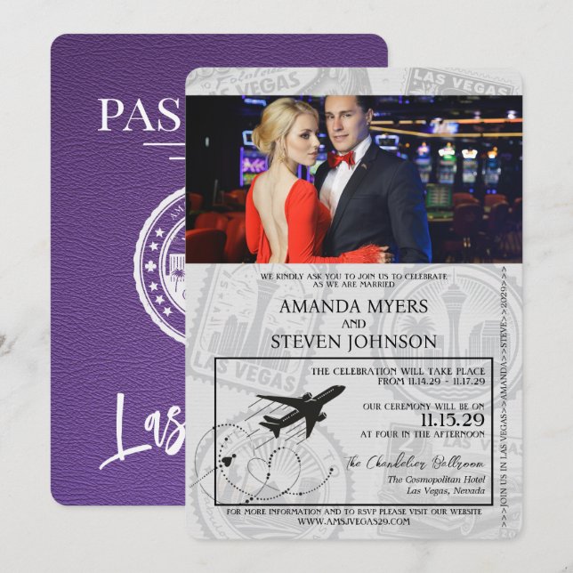 Purple Las Vegas Passport Wedding Invitation (Front/Back)
