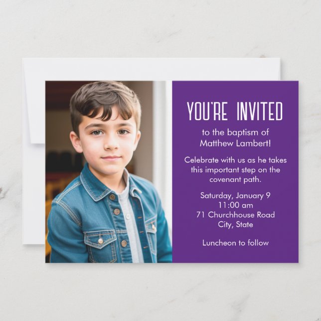 Purple Latter-day Saint Child Photo Baptism Invitation (Front)
