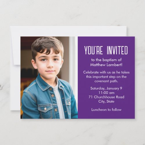 Purple Latter_day Saint Child Photo Baptism Invitation