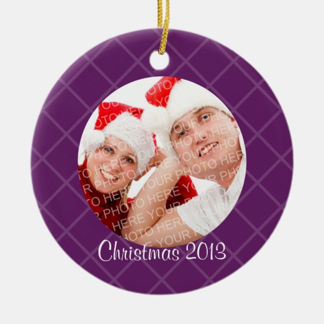 Purple lattice holiday photo memory sentimental ceramic ornament (Front)