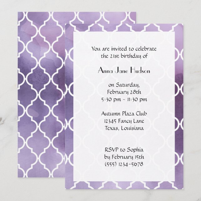 Purple Latticework, Moroccan Trellis, Birthday Invitation (Front/Back)