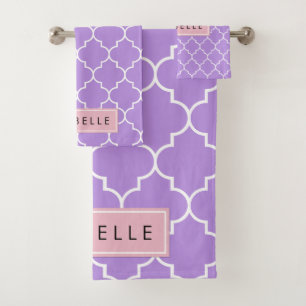 Purple Latticework, Moroccan Trellis, Your Name Bath Towel Set