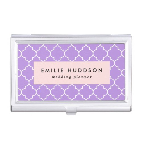 Purple Latticework Quatrefoil Moroccan Trellis Business Card Case