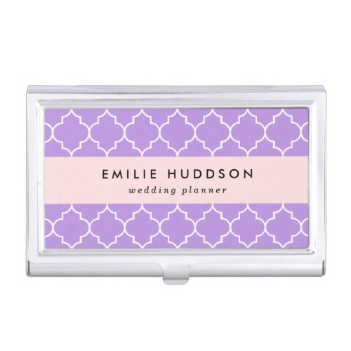 Purple Latticework Quatrefoil Moroccan Trellis Business Card Case