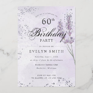 Purple lavender 60th birthday party silver foil invitation