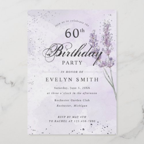 Purple lavender 60th birthday party silver  foil invitation
