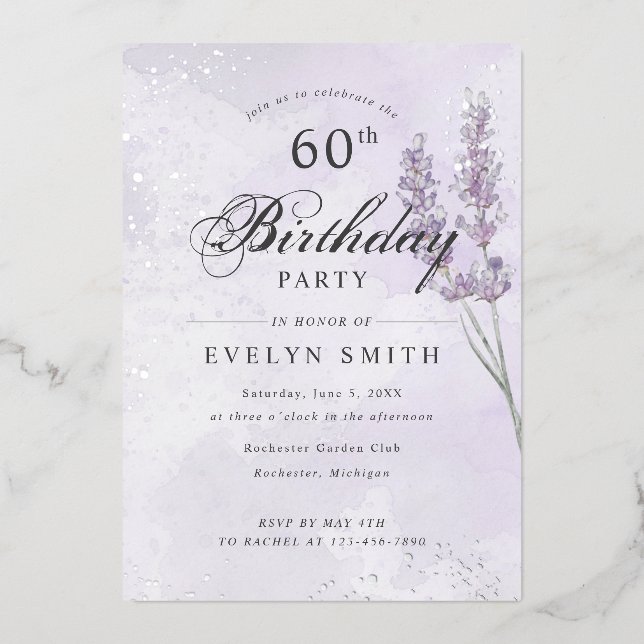 Purple lavender 60th birthday party silver  foil invitation (Front)