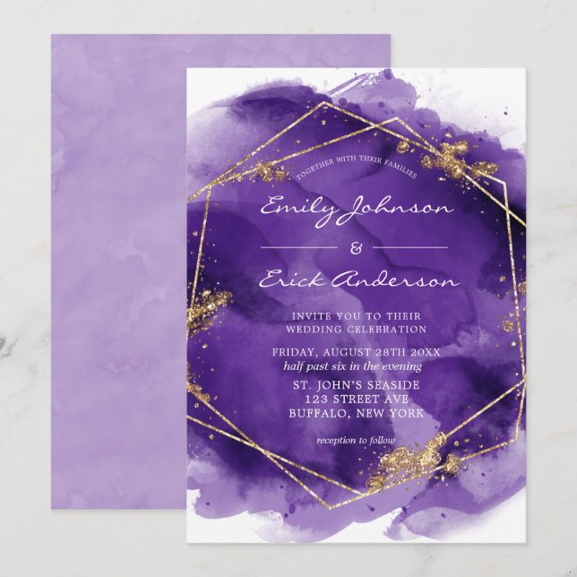 Purple Lavender and Gold Paint Geometric Wedding   Invitation (Front/Back)