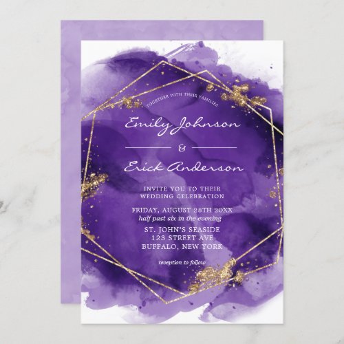 Purple Lavender and Gold Paint Geometric Wedding   Invitation