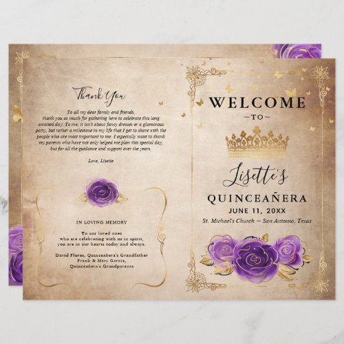Purple Lavender and Gold Roses Quinceanera Program