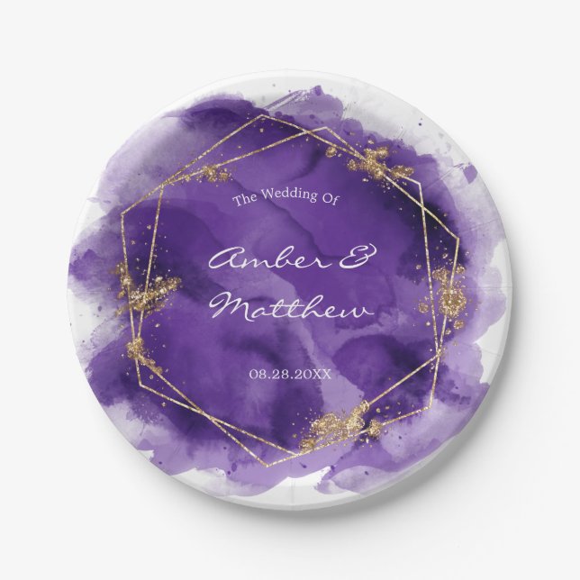 Purple Lavender and Gold Watercolor Wedding Paper Plates (Front)