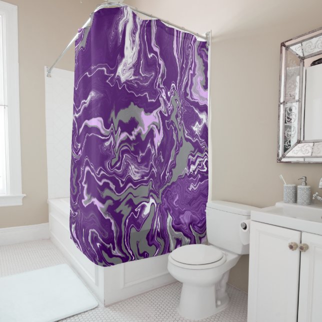 Purple. Lavender and Gray Marble Fluid Art   Shower Curtain (In Situ)