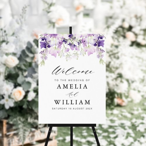 purple lavender and greenery wedding welcome sign
