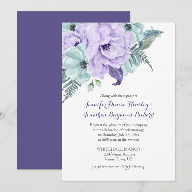 Purple Lavender and Mint Peonies Wedding Invitation (Front/Back)