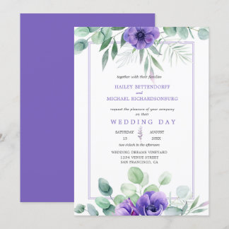 Purple Lavender Anemones and Greenery Border Invitation