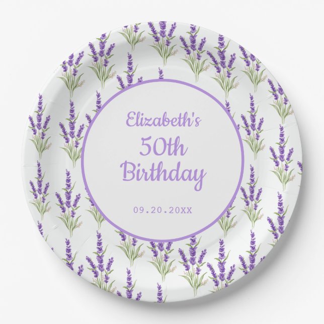 Purple Lavender Antique Frame Birthday Paper Plates (Front)