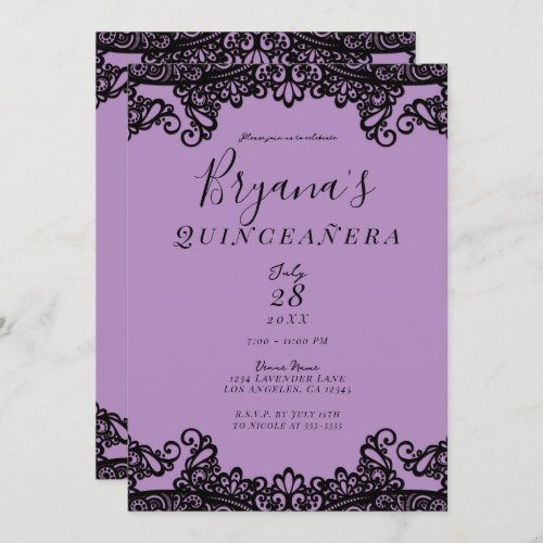 Purple Lavender  Black 15th Quinceaera Party  Invitation