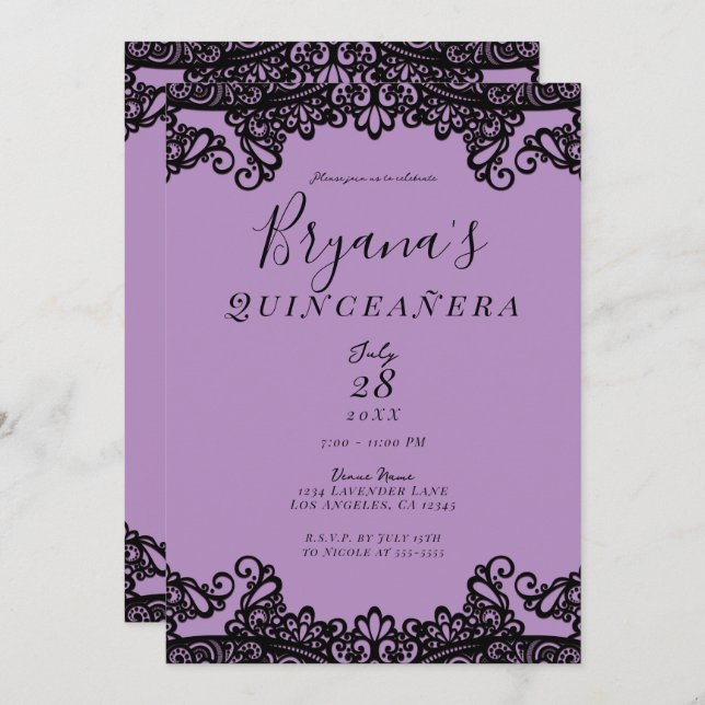 Purple Lavender & Black 15th Quinceañera Party  Invitation (Front/Back)
