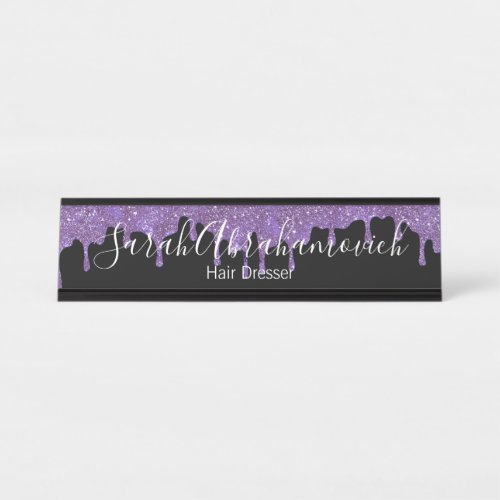 Purple Lavender  Black Glitter Drips Desk Sign
