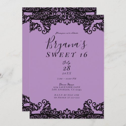 Purple Lavender  Black Lace Sweet 16 Party  Invitation