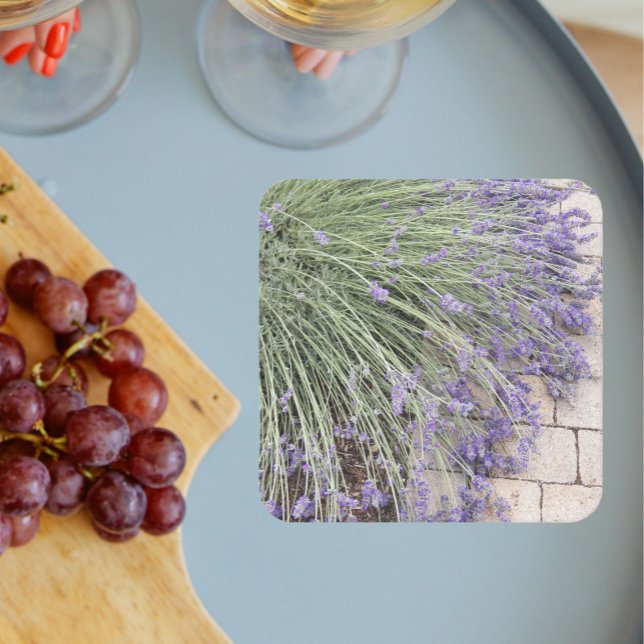 Purple Lavender Blooms Floral Square Paper Coaster (In Situ Wedding)