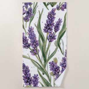 Purple Lavender Blooms Watercolor Botanical Beach Towel