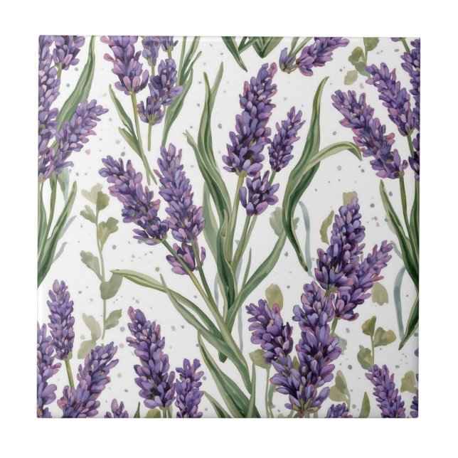 Purple Lavender Blooms Watercolor Botanical Ceramic Tile (Front)