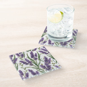 Purple Lavender Blooms Watercolor Botanical Glass Coaster