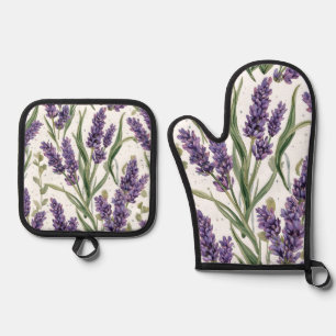 Purple Lavender Blooms Watercolor Botanical Oven Mitt & Pot Holder Set