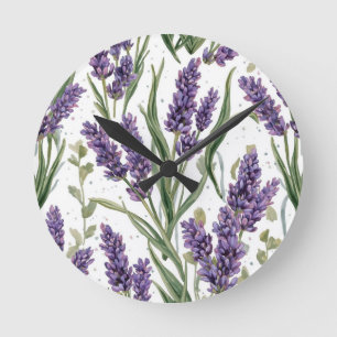 Purple Lavender Blooms Watercolor Botanical Round Clock