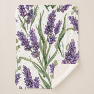 Purple Lavender Blooms Watercolor Botanical Sherpa Blanket