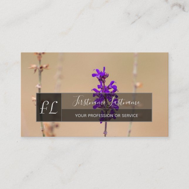 Purple lavender blossom gray rectangle monogram business card (Front)