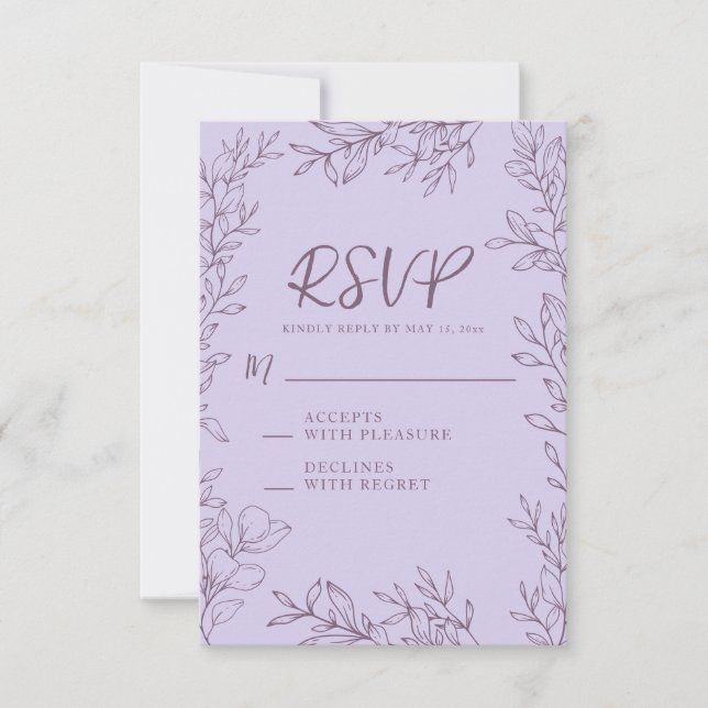 Purple Lavender Botanical Line Art Wedding  RSVP Card (Front)