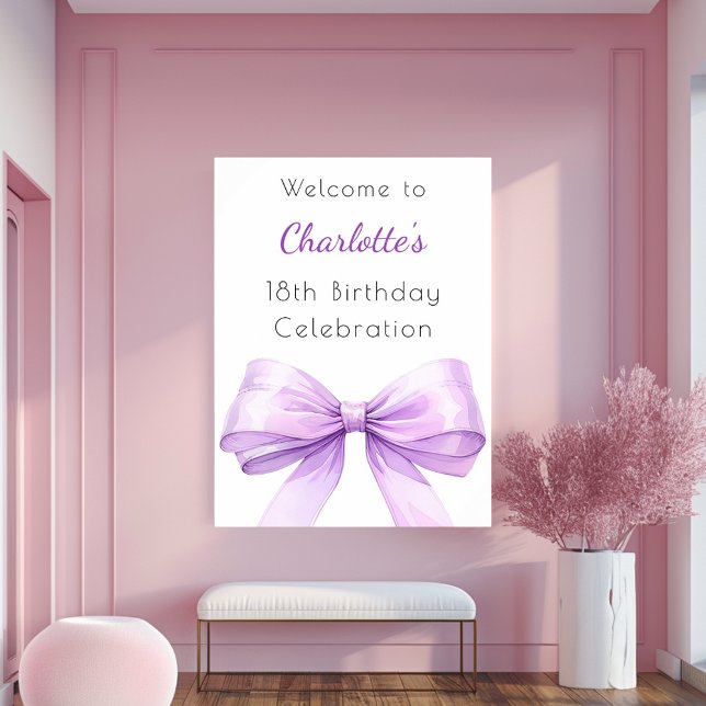 Purple lavender bow birthday party welcome poster (Creator Uploaded)