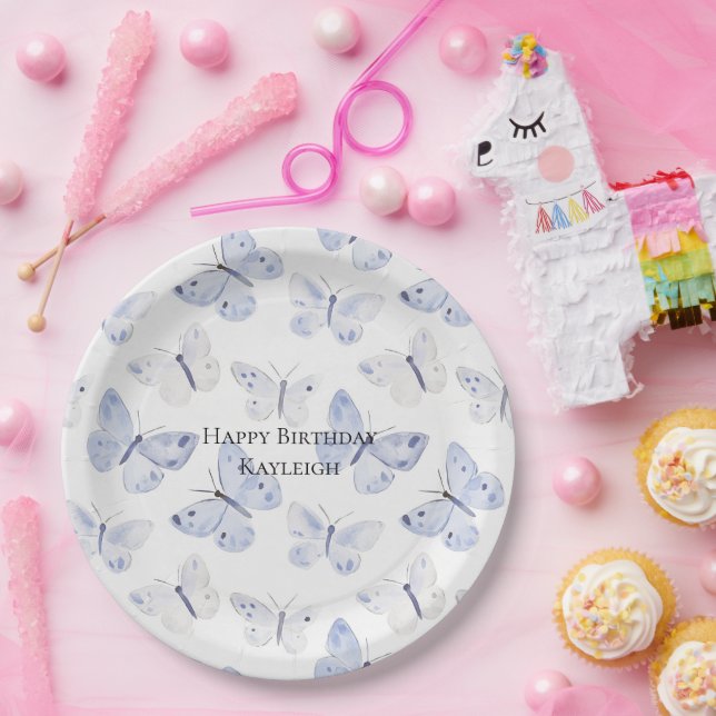 Purple Lavender Butterflies Birthday Paper Plates (Party)