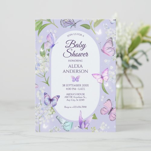 Purple lavender butterfly floral Baby Shower Invitation