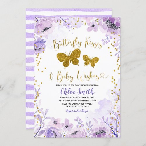 Purple Lavender Butterfly Kisses and Baby Wish Invitation