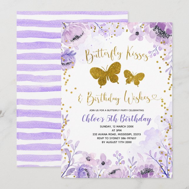 Purple Lavender Butterfly Kisses and Birthday  Invitation (Front/Back)