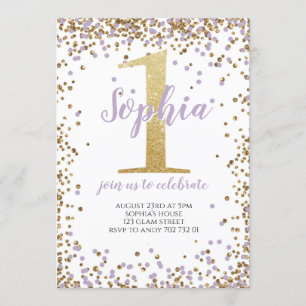 Purple Lavender Confetti Girl First Birthday Gold Invitation