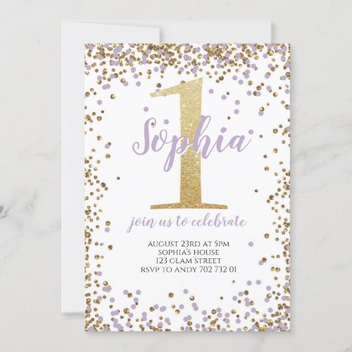 Purple Lavender Confetti Girl First Birthday Gold Invitation