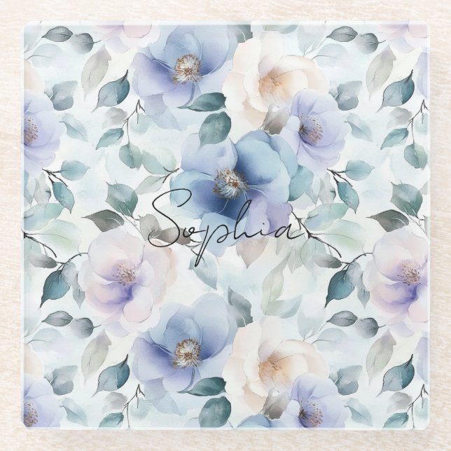 Purple Lavender Cream Flowers Glass Coaster (Front)