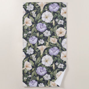 Purple Lavender Cream Petunia Flowers   Beach Towel