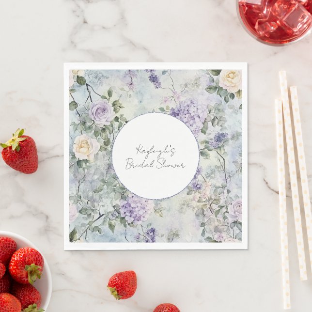 Purple Lavender Cream Rose Floral Bridal Shower Napkins (Insitu)