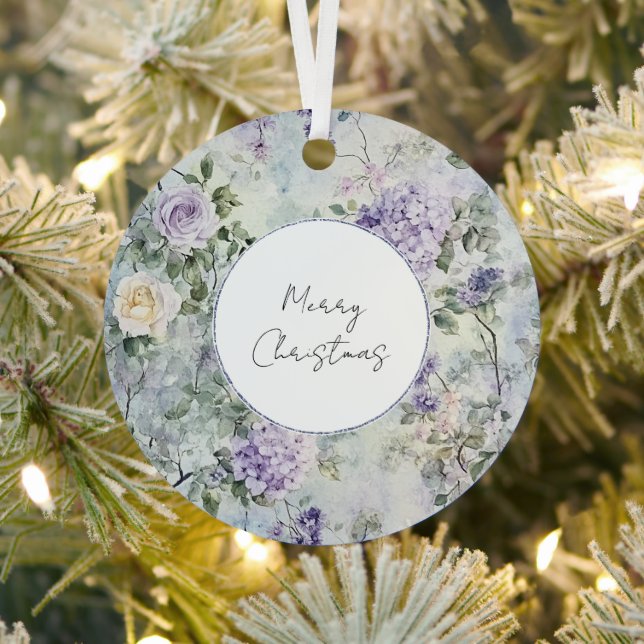 Purple Lavender Cream Rose Floral Christmas Metal Ornament (Insitu)