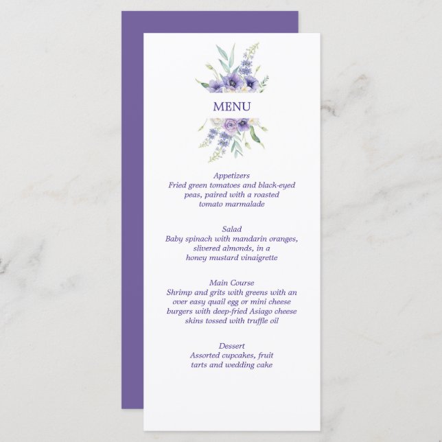 Purple Lavender Daisies Anemones Roses Menu (Front/Back)