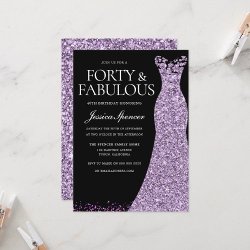 Purple Lavender Dress Womans 40th Birthday Party Invitation