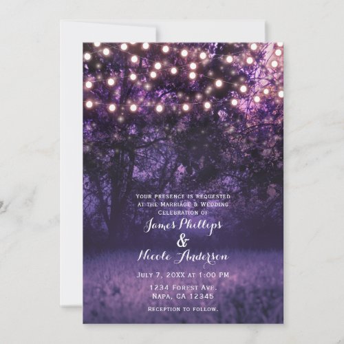 Purple Lavender Dusk Lights Forest Rustic Wedding Invitation