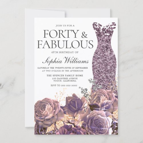 Purple Lavender Dusty Rose 40th Birthday Party Invitation